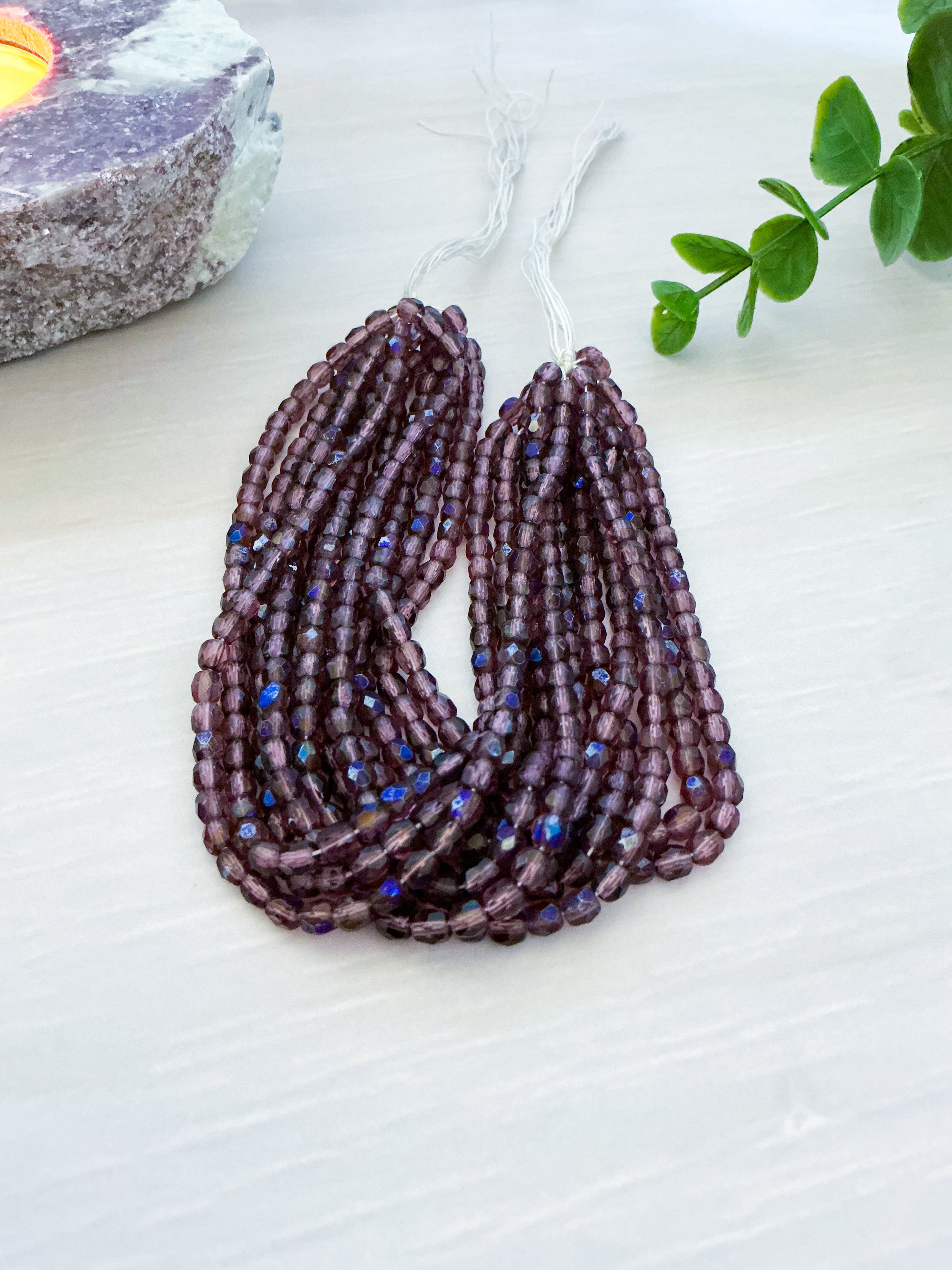 Round Faceted Fire Polish 4mm Amethyst Transparent with Iris Half Coat, One Strand