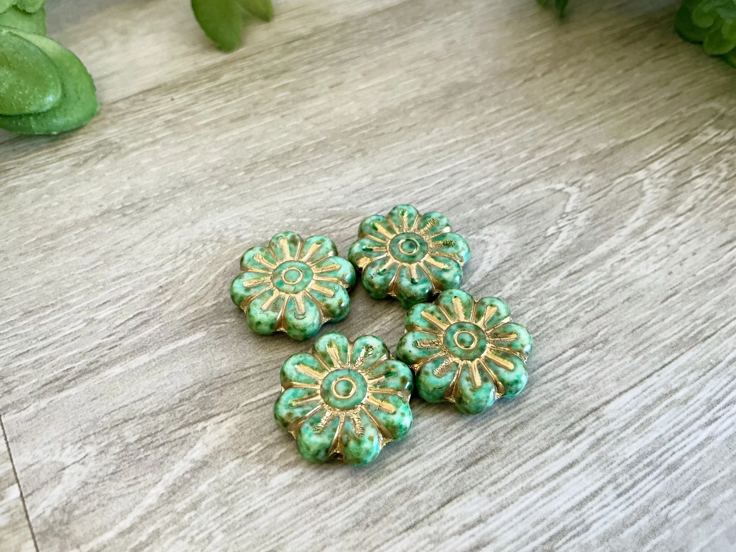 Czech Gold Wash Turquoise Green Flowers, Four Flowers