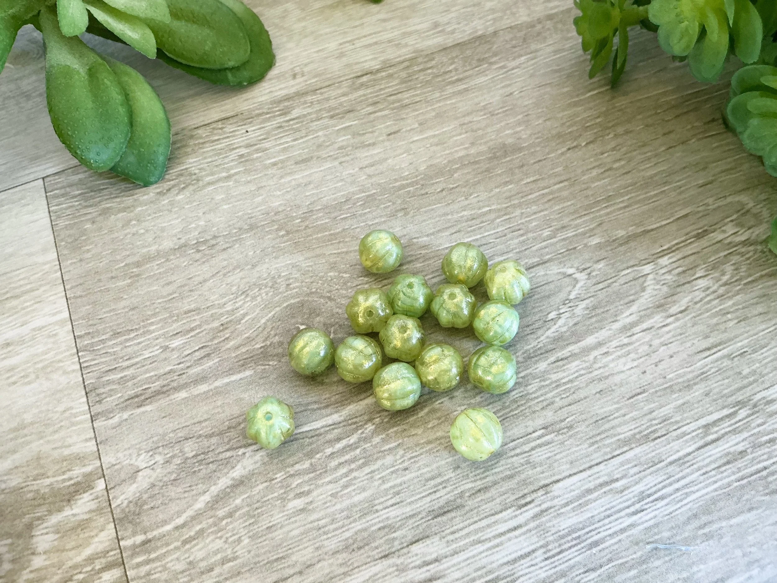 8mm Melon Beads, Gold Splash Budding Green