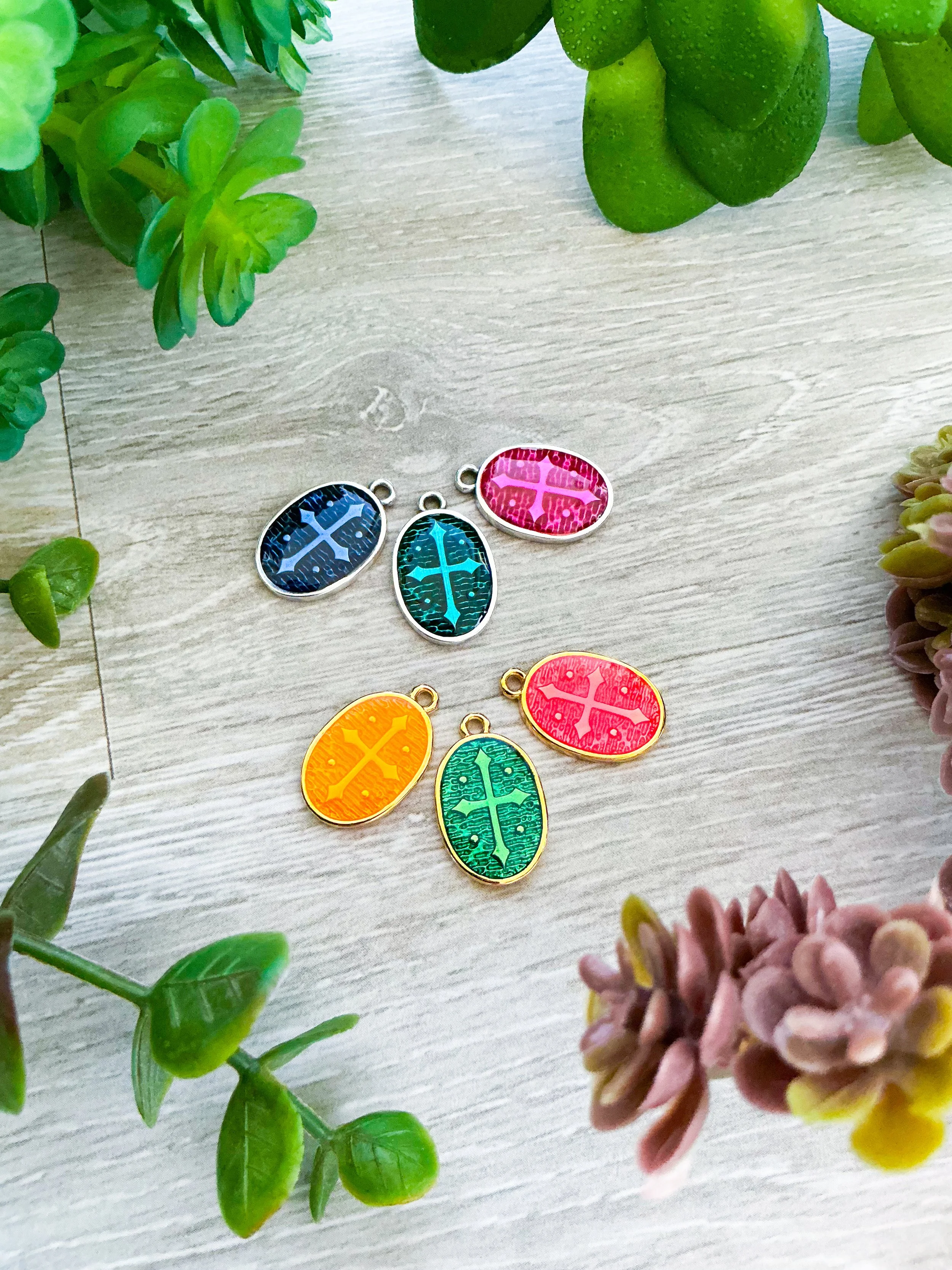 Oval with Cross Pendant Charms, Sold Each, Select Color