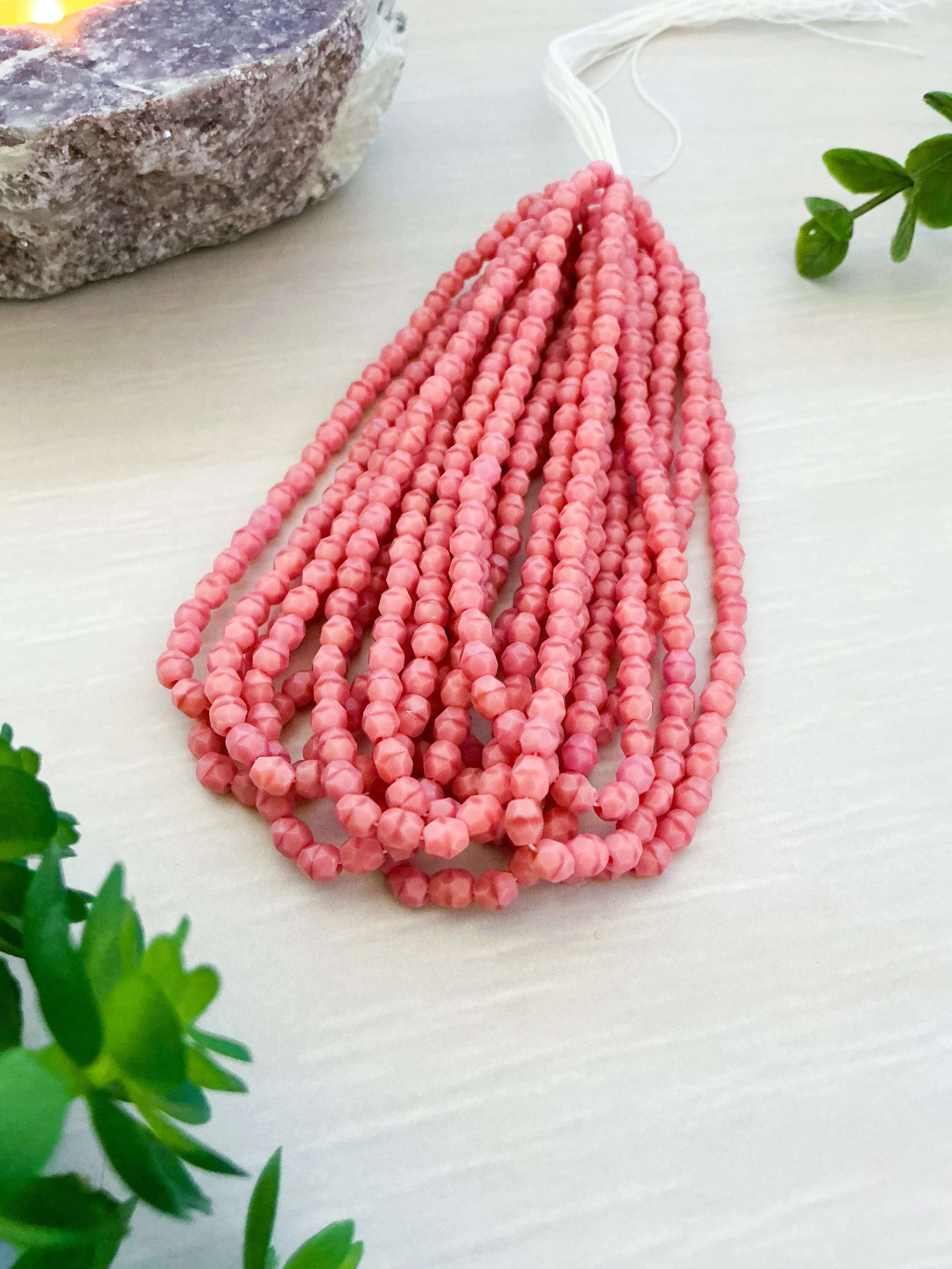 Round Faceted Fire Polish 4mm Pink Silk, One Strand