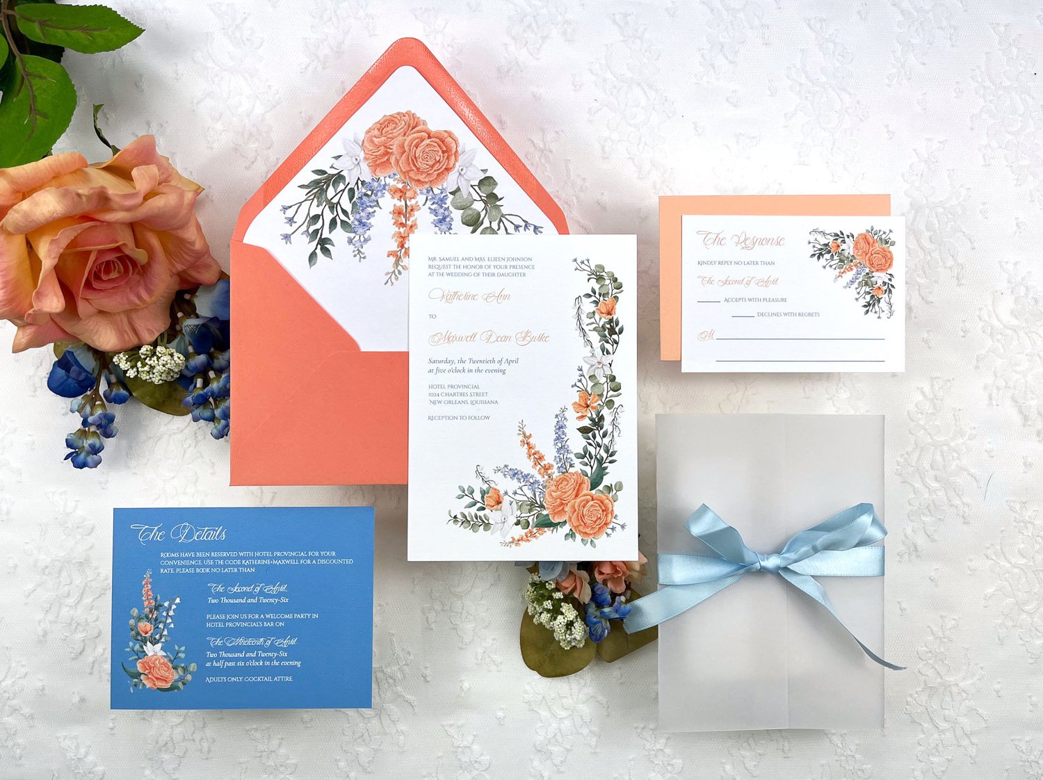 Camellia Memories_Floral Semi Custom Wedding Invitations_Peach_Blue_Wildflowers