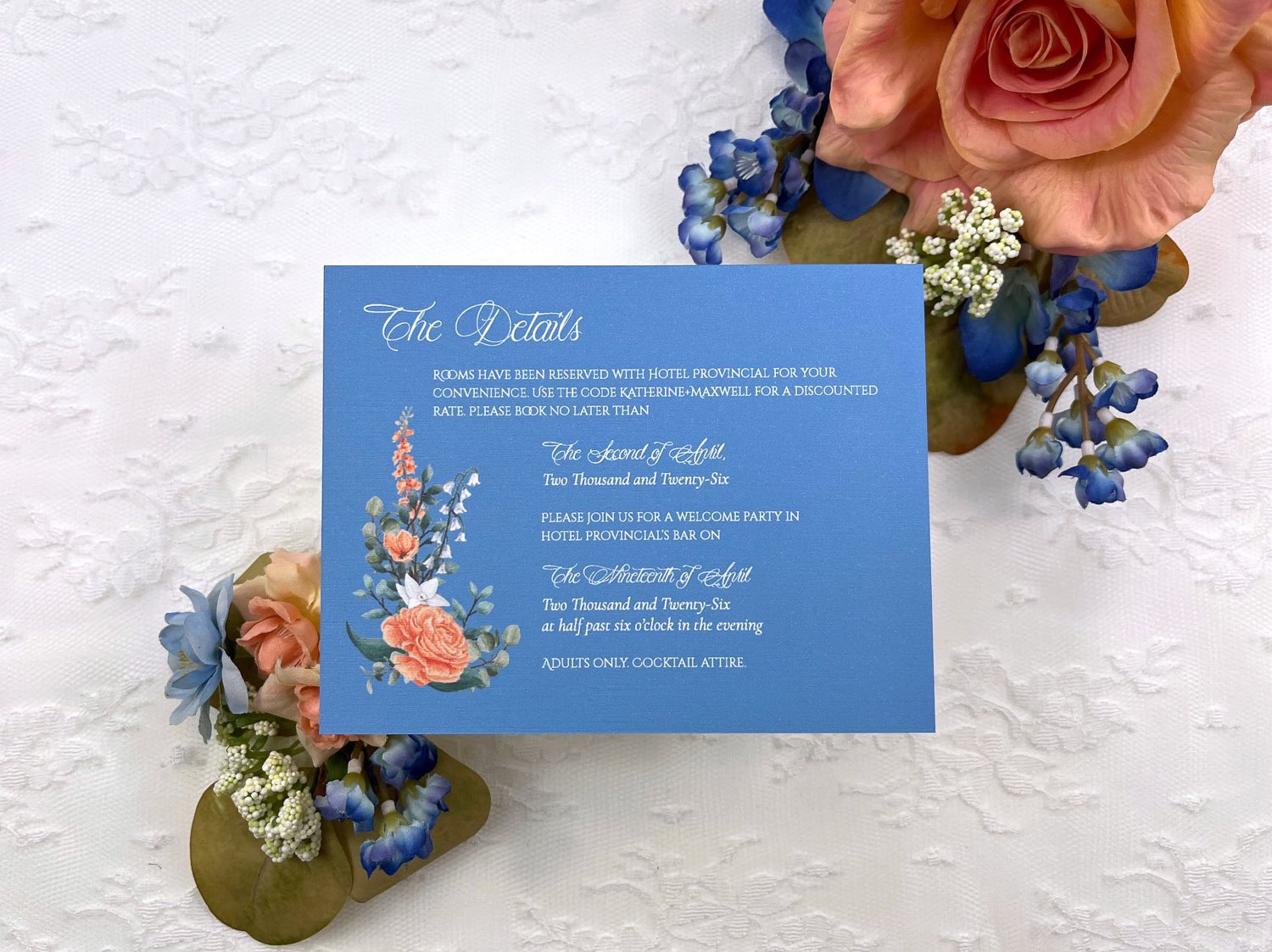 Camellia Memories_Floral Semi Custom Wedding Invitations_Peach_Blue_Wildflowers
