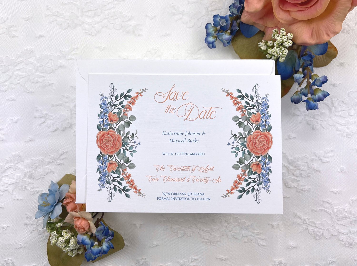 Camellia Memories_Floral Semi Custom Wedding Invitations_Peach_Blue_Wildflowers