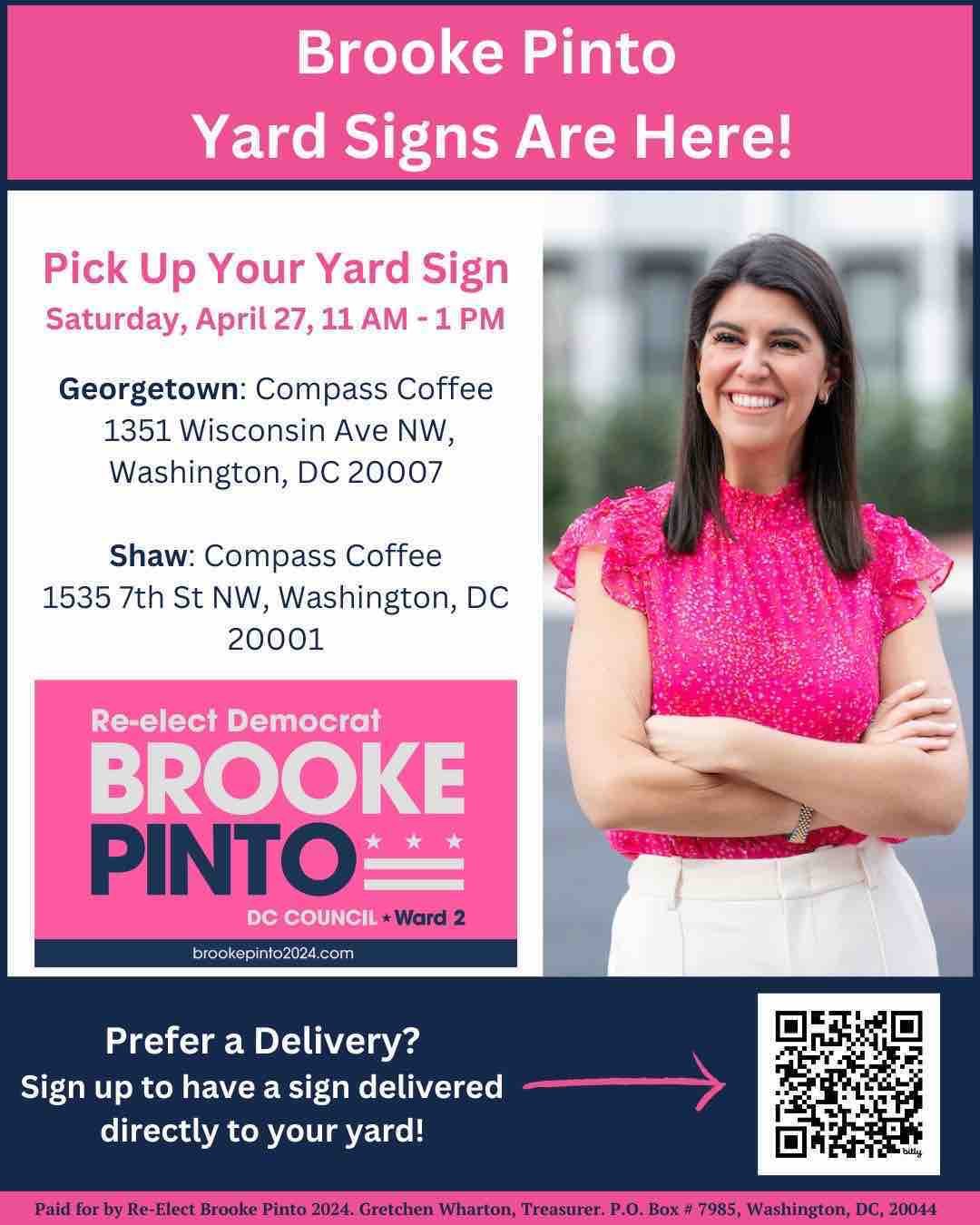 Meet Brooke Pinto and her team this Saturday, April 27, from 11:00 AM &mdash; 1:00 PM at Compass Coffee in Shaw or Georgetown to pick up your yard sign!

If you would like a sign delivered, visit this link:
bit.ly/bpyardsign #Ward2