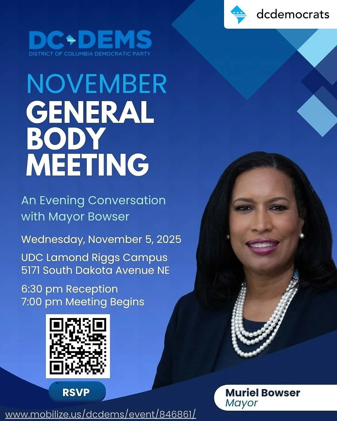 Get @reshare_app • @dcdemocrats Join us for our November General Body Meeting!
Wednesday, November 5th
UDC Lamond Riggs Campus
Reception at 6:30 PM | Meeting starts at 7:00 PM
We’re excited to host an evening conversation with Mayor Muri
