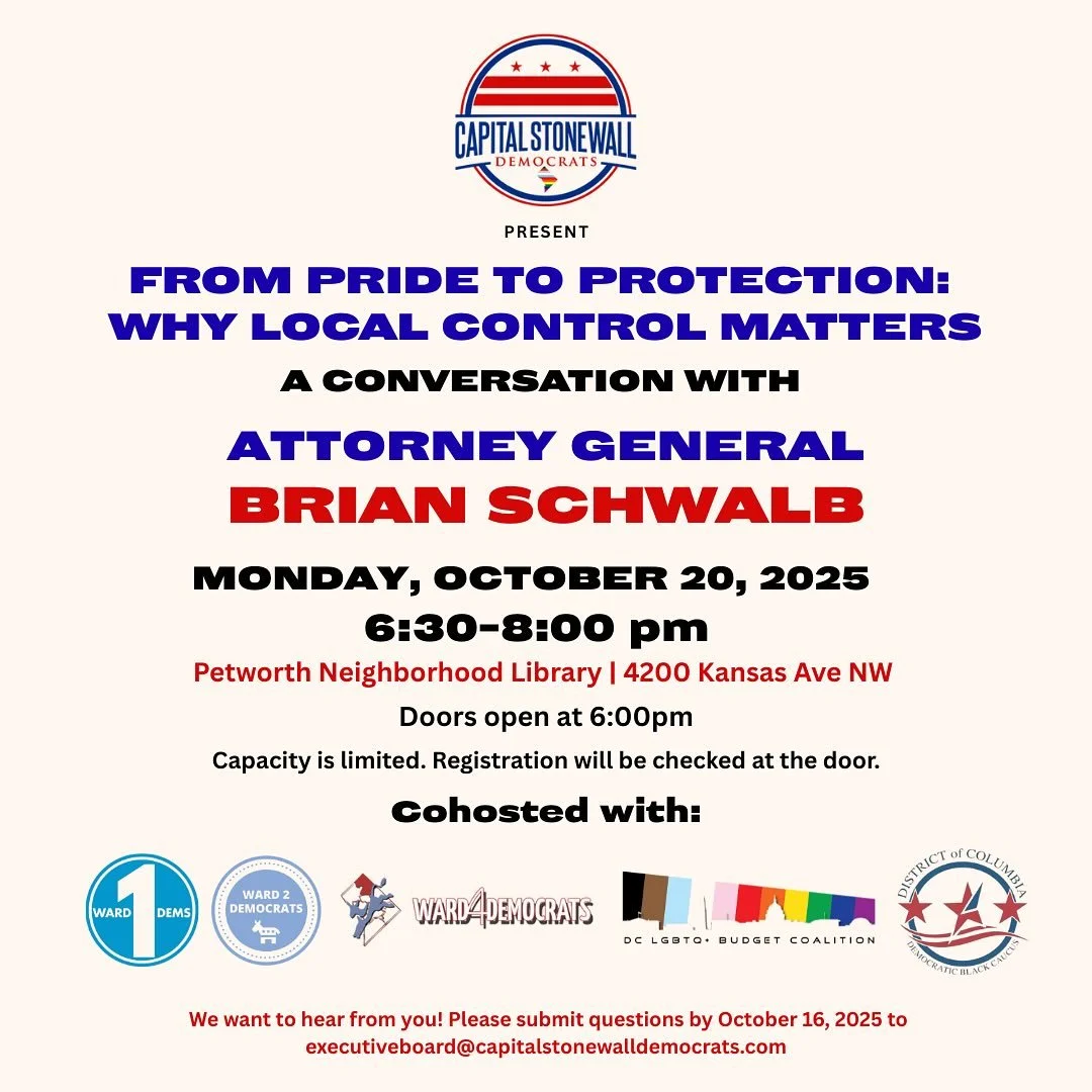 Monday October 20, join us for From Pride to Protection: Why Local Control Matters A Conversation with Attorney General Brian Schwalb. Space is limited. RSVP required. Visit our website for details. See link in bio! Ward2Dems #DCDems