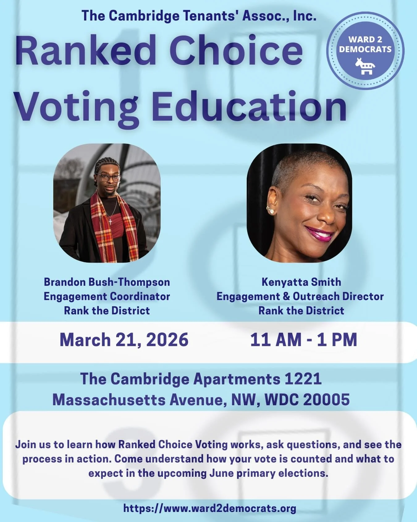 Join the Ward 2 Democrats and the Cambridge Tenants&rsquo; Association for an engaging Ranked Choice Voting Education Seminar designed to help residents understand how this new voting system will work in the District. This interactive session will wa