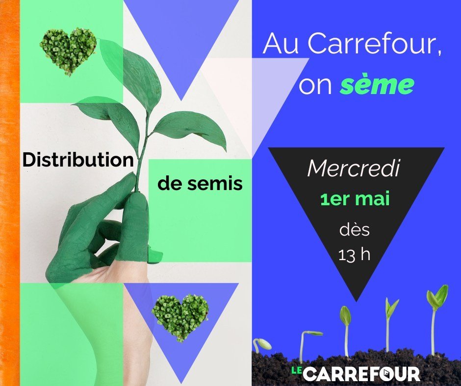 🌱Distribution de semis au Carrefour🌱⁠
⁠
Passez nous voir le MERCREDI 1er MAI d&egrave;s 13 H pour r&eacute;cup&eacute;rer votre petit plant rempli d'espoir (1 par personne!). Au choix : concombre, tomate, poivron! 🥒🍅🫑⁠
⁠
Nous aurons une quantit&