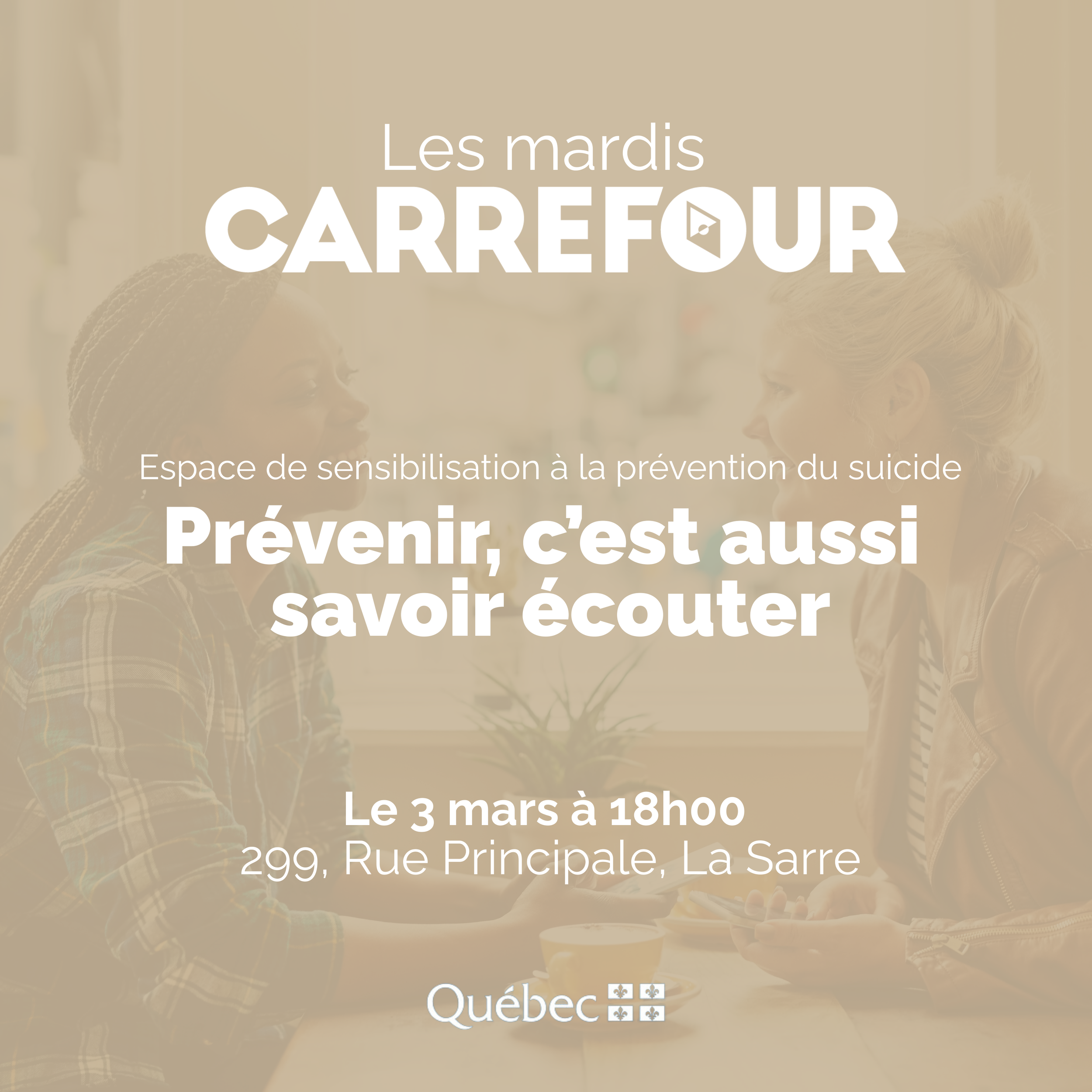       
  
    Nous vous invitons à un espace de sensibilisation à la prévention du suicide, un moment pour mieux comprendre, réfléchir et échanger sur l’importance de l’écoute et de l’accompagnement dans notre communauté.  Nous aurons la participatio