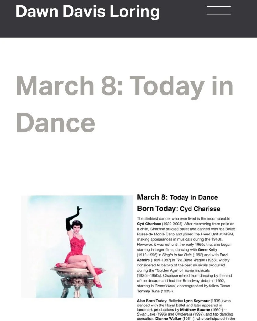 Celebrate International Women’s Day with dancer Cyd Charisse. 
#dancehistory
#dawndavisloring
#todayindance
#cydcharisse
