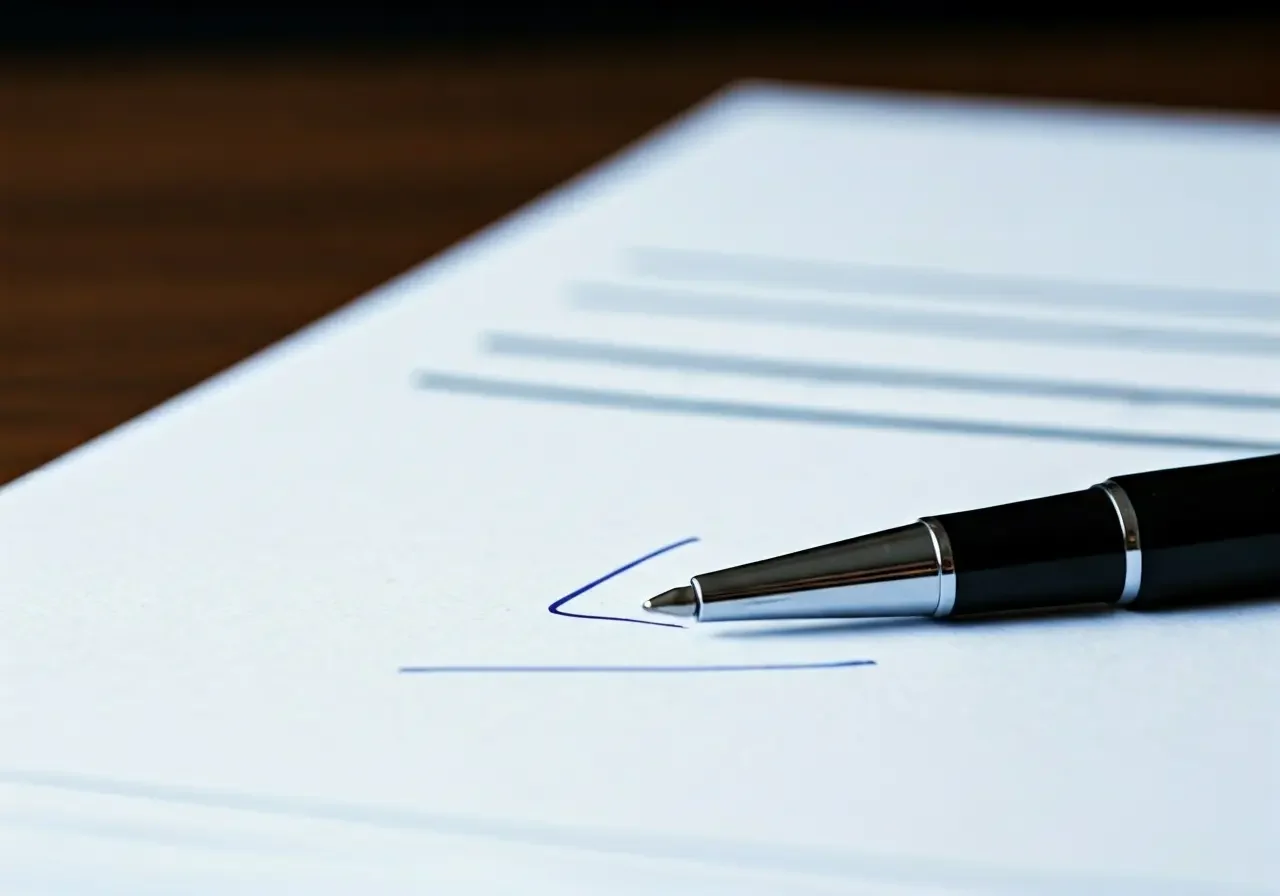 Pen signing bail agreement document representing no-collateral bail bond options in Key West