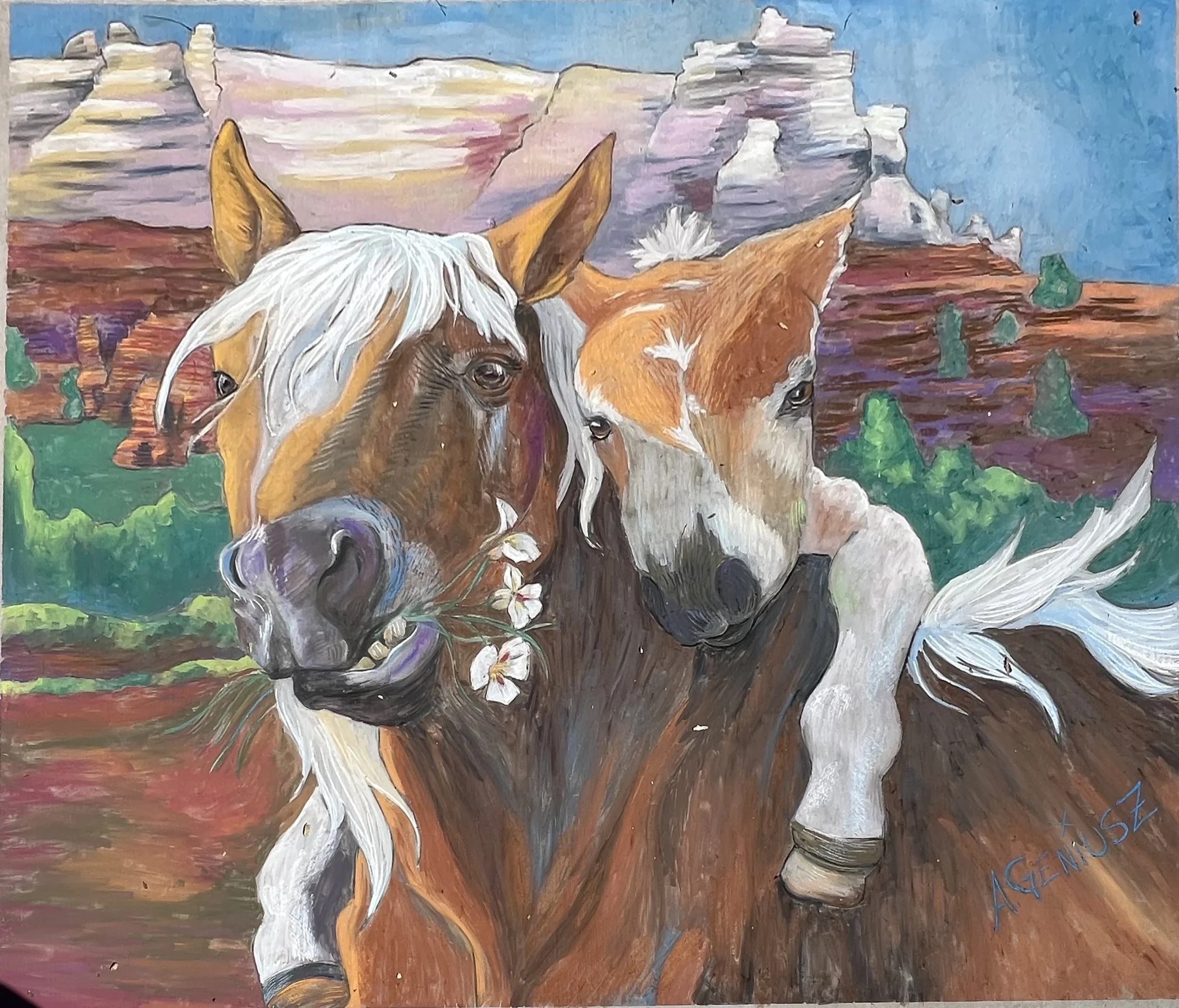 “Momma Horses Put Up With So Much” was a chalk art mural created for the Kanab Arts Festival of Kanab, UT in October 2025. It celebrated the local rescue group “Best Friends Animal Society” and was 11 ft by 9 ft when completed.