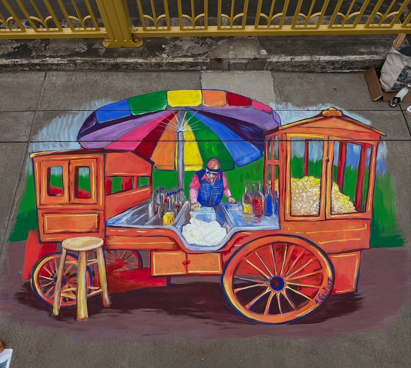 “Gus and Yia Yia” was an anthropomorphic illusion piece created for the Riverlife Chalkfest in May 2025 in Pittsburg, PA. It commemorated a locally famous snow cone (aka ice ball) stand of Pittsburgh. It was 7 ft by 10 ft.