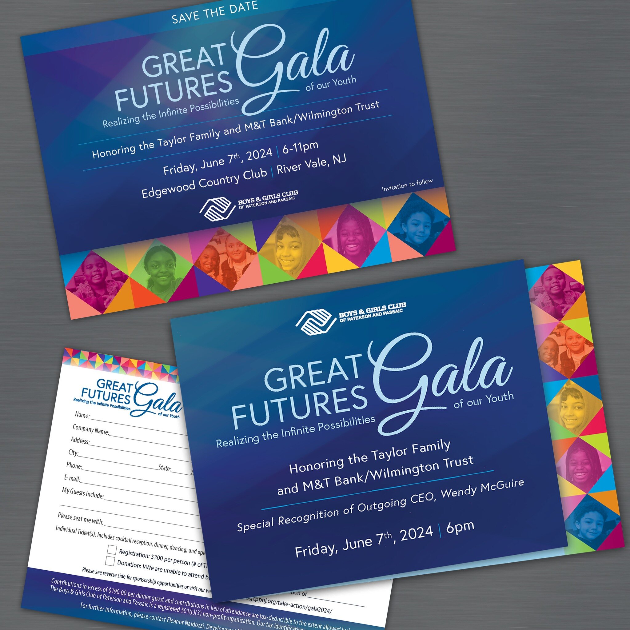 Pfeifer Design worked with the Boys and Girls Club of Paterson and Passaic to create an invitation package for their upcoming gala fundraiser. They wanted to showcase the club kids and have a colorful yet sophisticated feel to the theme. Materials in