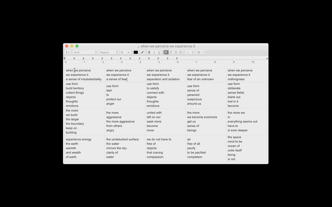 VIDEO AND PERFORMANCE—An original poem, video piece, and spoken performance. The text is generatively extracted from the essay “Buddhism’s Teaching on the Five Elements” by Gareth John. The essay organizes the Dzogchen Buddhist experience of the fiv…