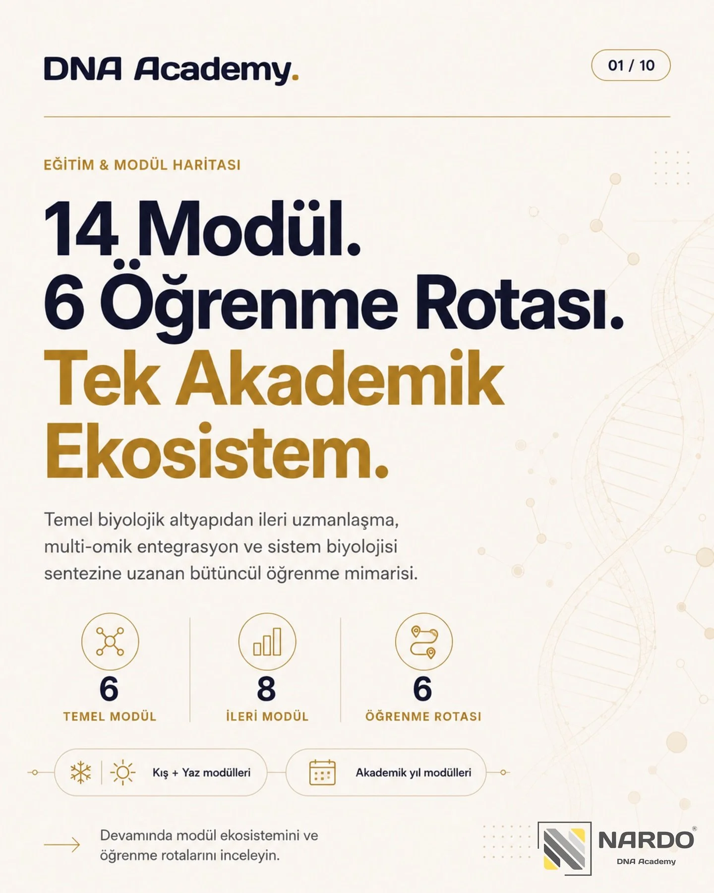 Beta s&uuml;r&uuml;mden b&uuml;t&uuml;nc&uuml;l eğitim ekosistemine.

DNA Academy&rsquo;nin mod&uuml;l yapısı yaklaşık &uuml;&ccedil; yıldır gelişiyor.

Bu s&uuml;re boyunca yalnızca eğitim i&ccedil;erikleri &uuml;zerinde değil; mod&uuml;llerin bilim