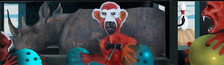 “Three Simians and Their Rhinoseros”, 2018, Acrylic on wood panel, approx 20”h x 50”w