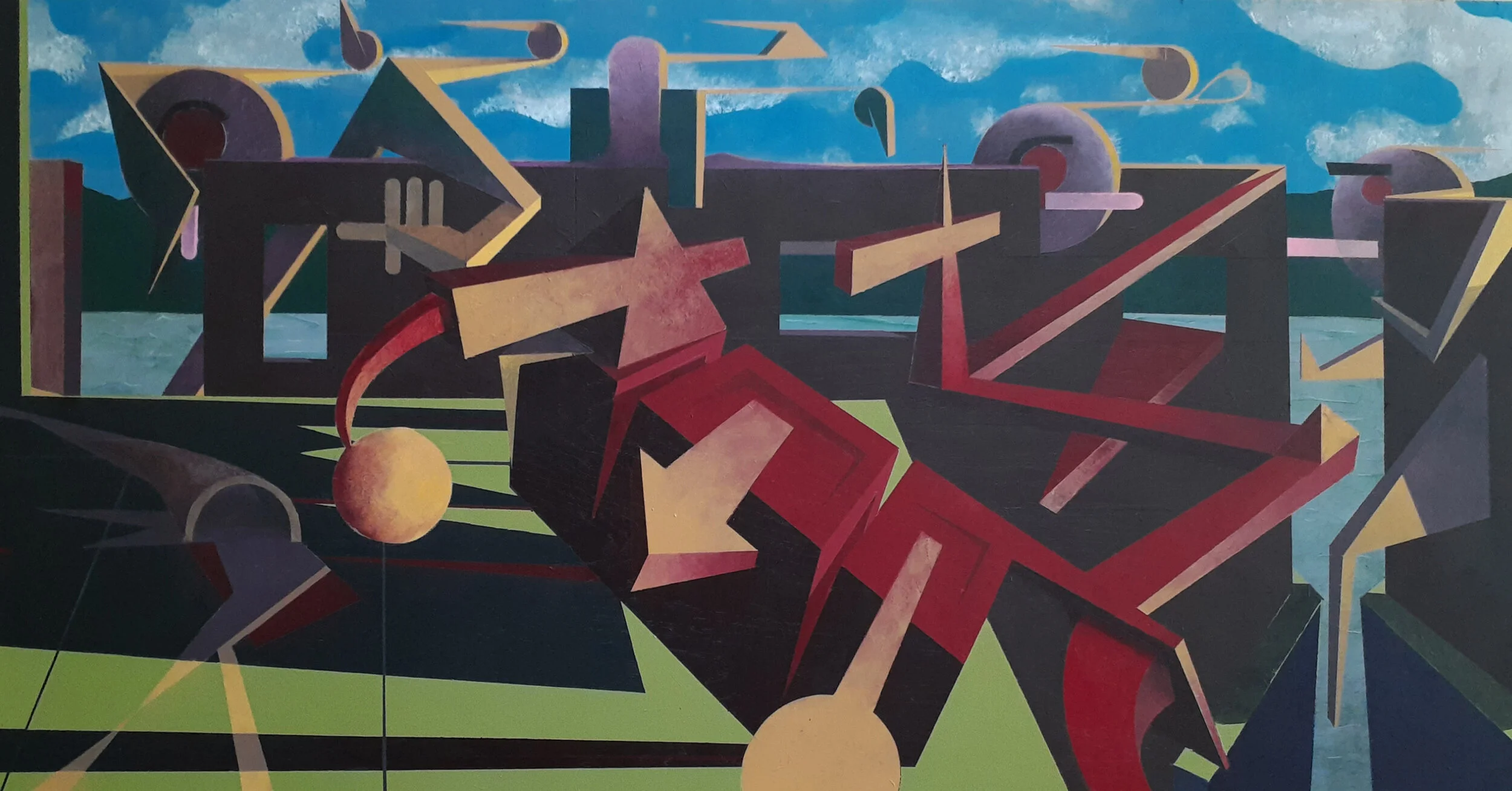 “The Reluctant Swimmers”, 2020, Acrylic on wood panel, 24”h x 48”w