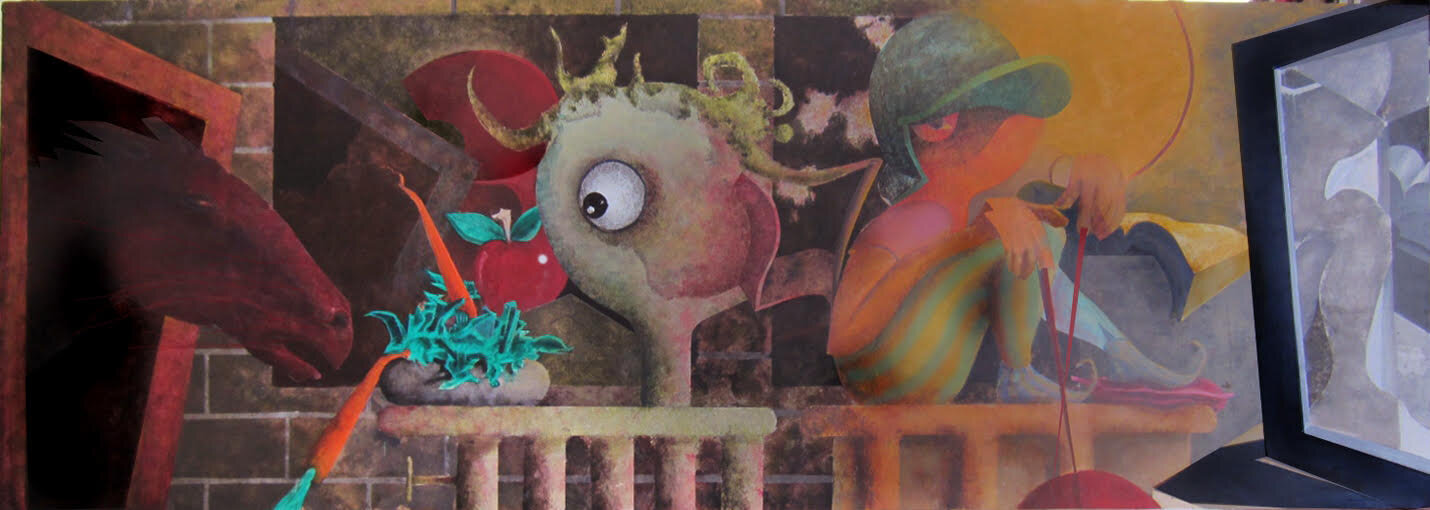 “The Jockey, the Horse and the Radiator Kid”, 2018,   Acrylic on wood panel, 24”h x 72”w