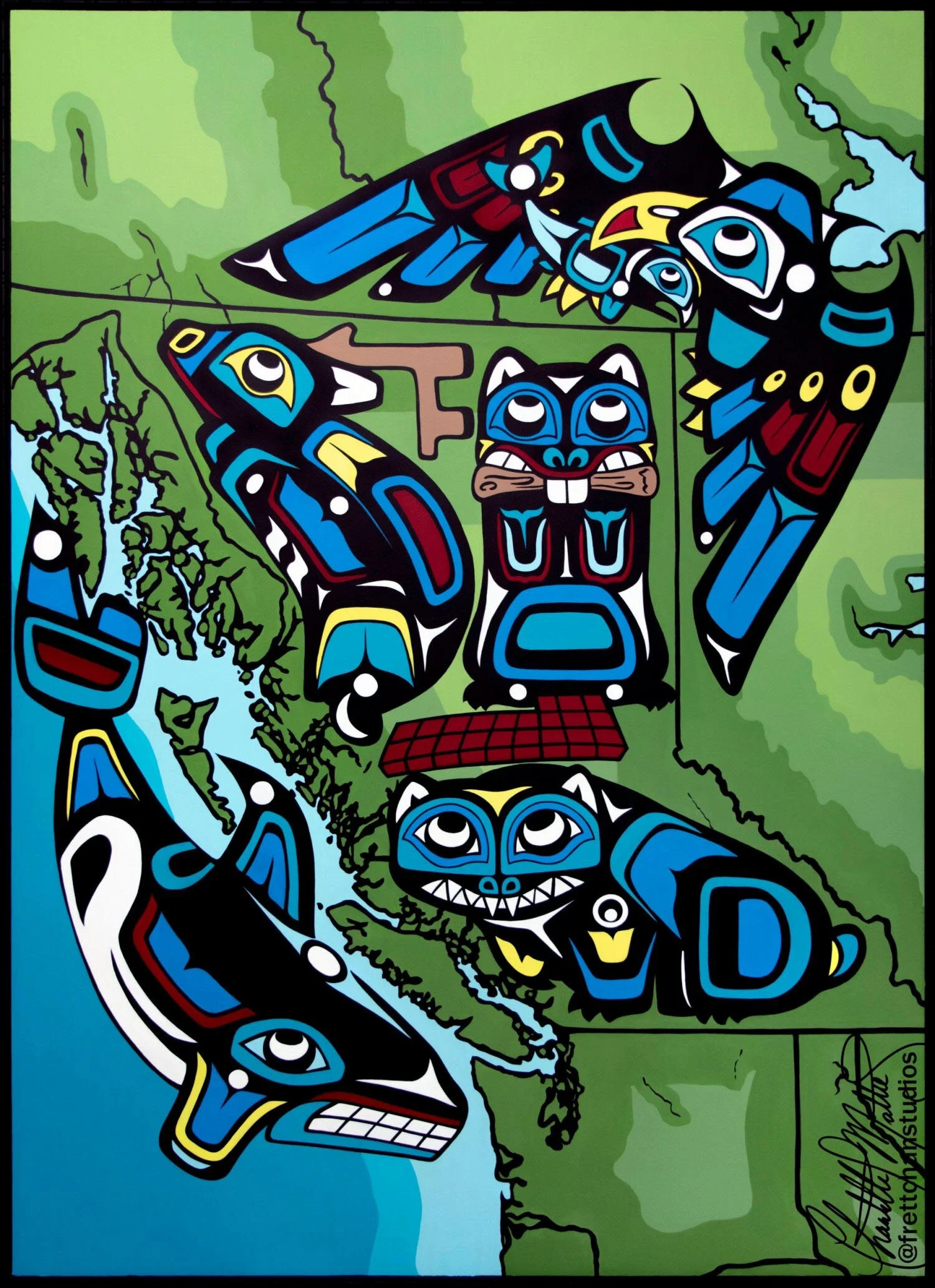 ‘Indigenous BC’ Acrylic on Panel, 5'5" x 4', 2021 This painting was commissioned by and is on public display at The Husky Flow Collective in Chilliwack, British Columbia.