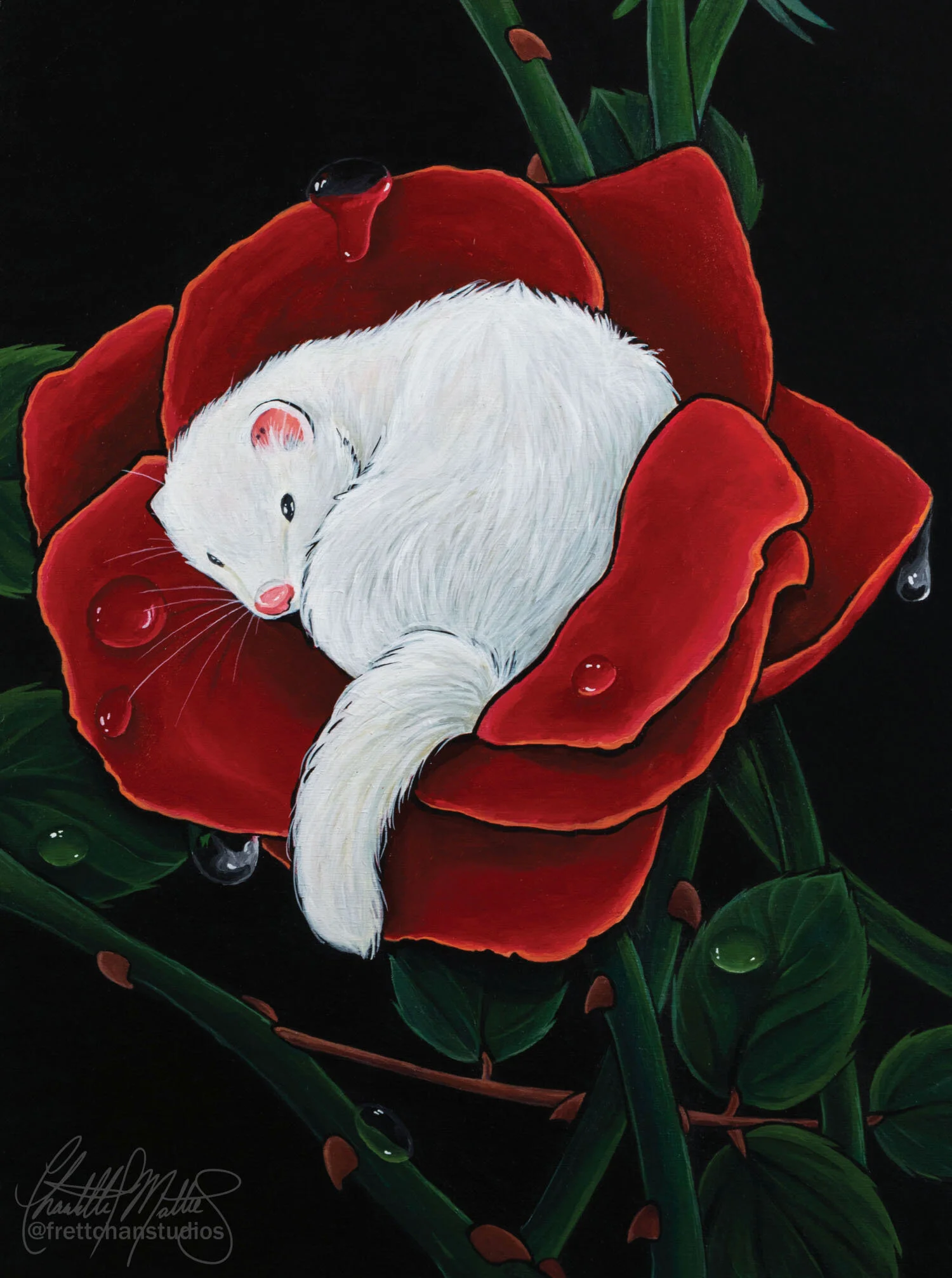 ‘DEW’ Acrylic on Panel, 9" x 12", 2019 This is a painting of my ferret Keki who has now crossed the rainbow bridge. It was one of my final projects for my art program at my university and it holds an incredibly special place in my heart, I miss her very much. I painted this late 2019 and she passed early 2020 right before the pandemic hit. My fur kids are my family and they’re so special to me.