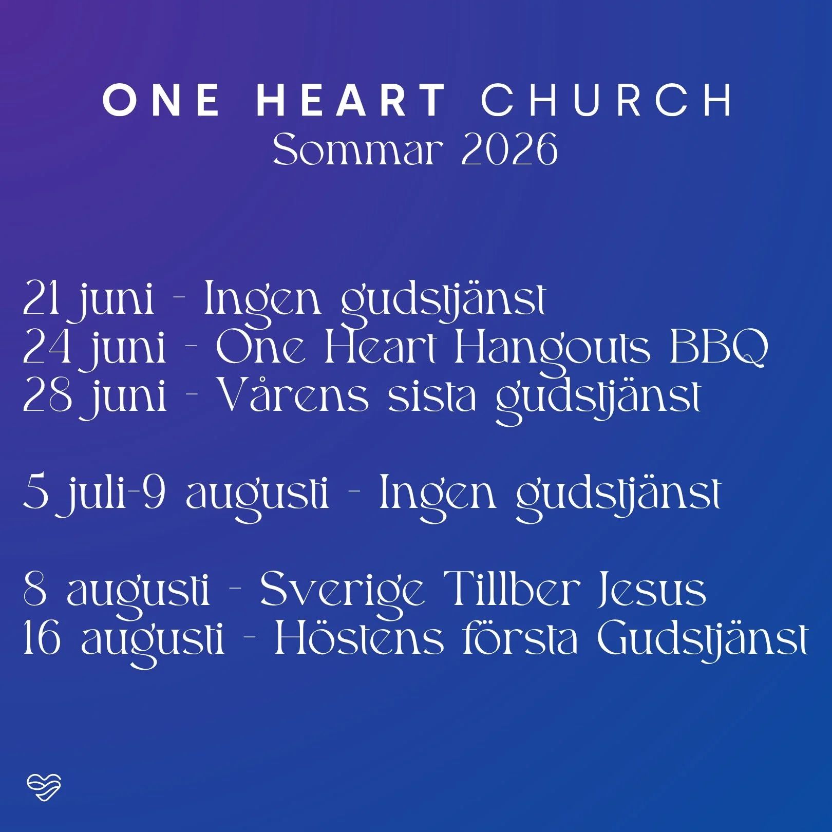 ☀️ SOMMARINFO ☀️

Den h&auml;r veckan (21 juni) har vi ingen gudstj&auml;nst i One Heart p&aring; grund av midsommarfirande ❤️

Passa p&aring; att vila, njuta av sommaren, umg&aring;s med n&auml;ra och k&auml;ra och ta tid med Jesus 🌿

Men - vi ses 