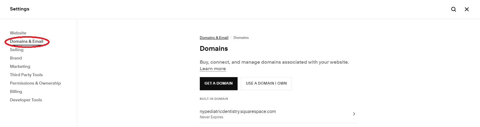 Domains setting in Squarespace