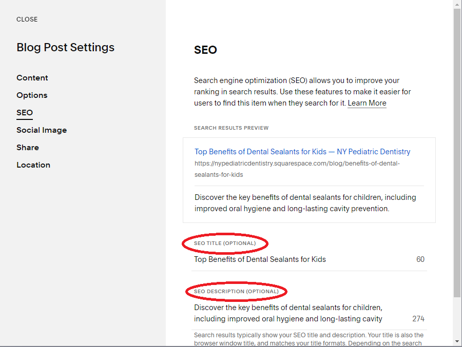 Title tag and meta description setting in Squarespace