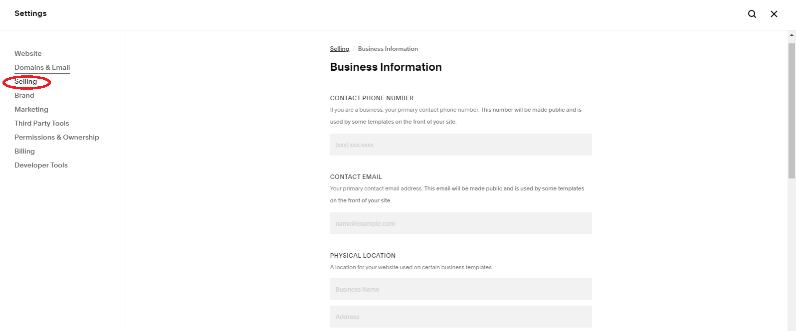 Business Information setting in Squarespace