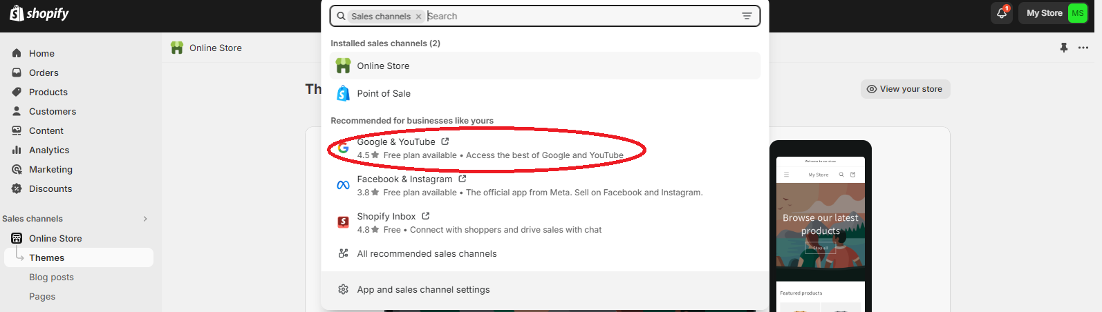 Sales channels settings in Shopify