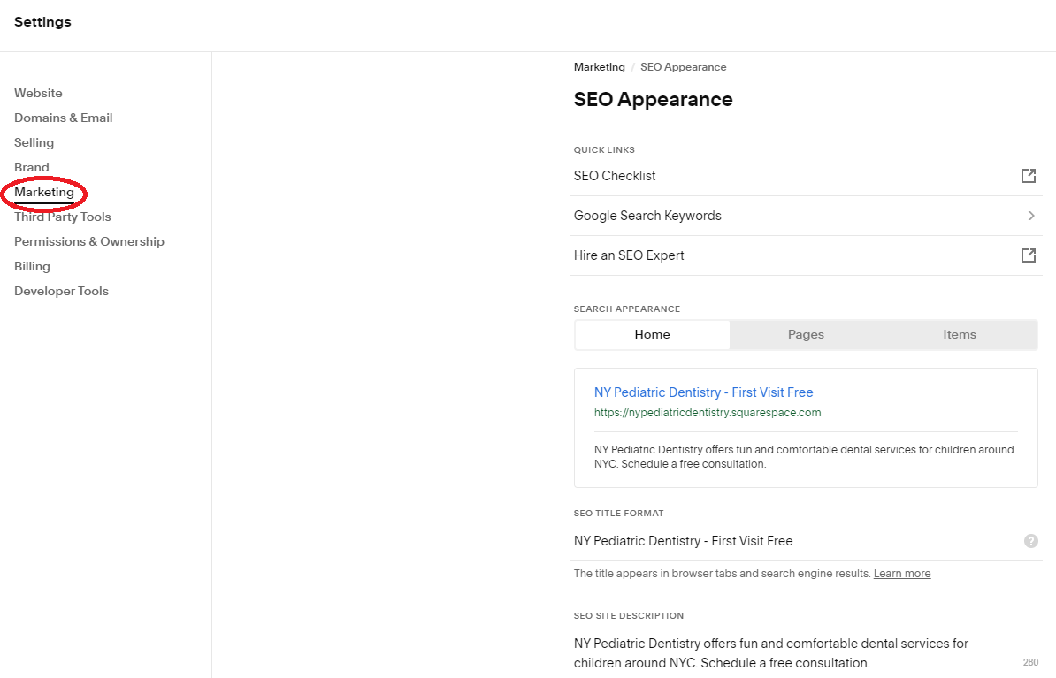SEO Appearance setting in Squarespace