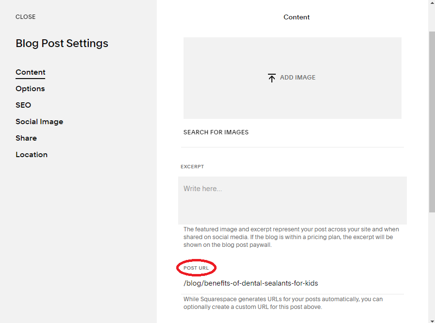 Post URL setting in Squarespace