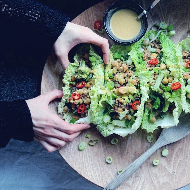 RECIPE : wheat berries & mushroom filled savoy cabbage boats + mustard miso sauce