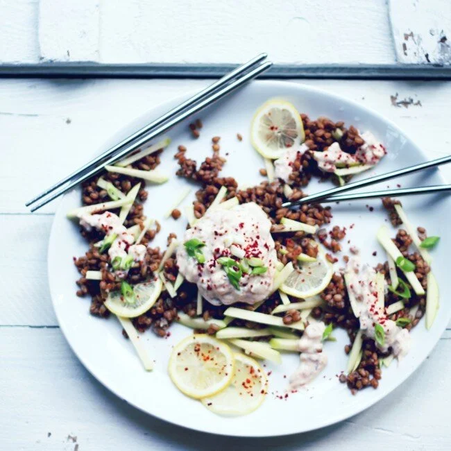 FROM SCRATCH : spicy kimchi sour cream |+ apple and rye berry salad