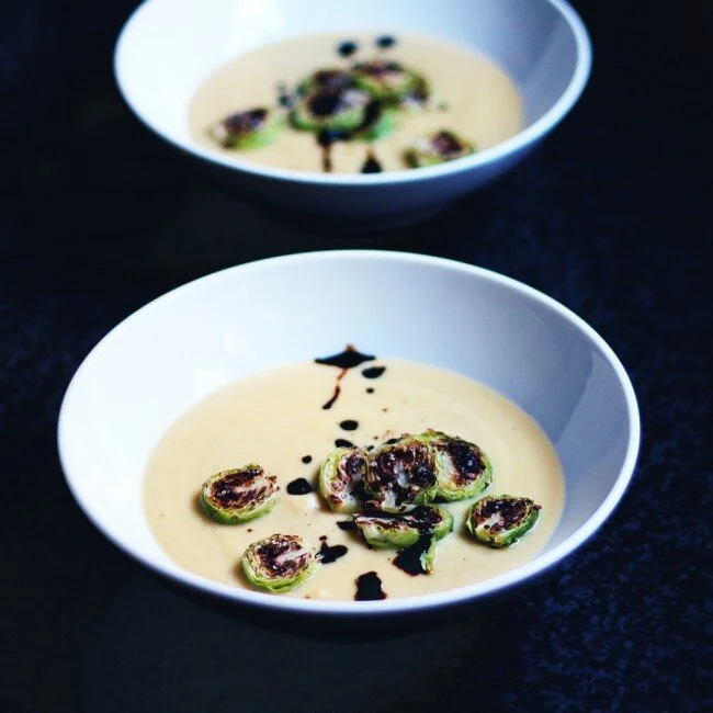 RECIPE : easy cheesy chickpea soup with roasted brussel sprouts