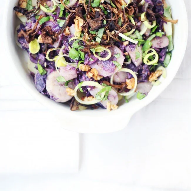 RECIPE : warm purple potato salad with garlicky funnel chanterelles