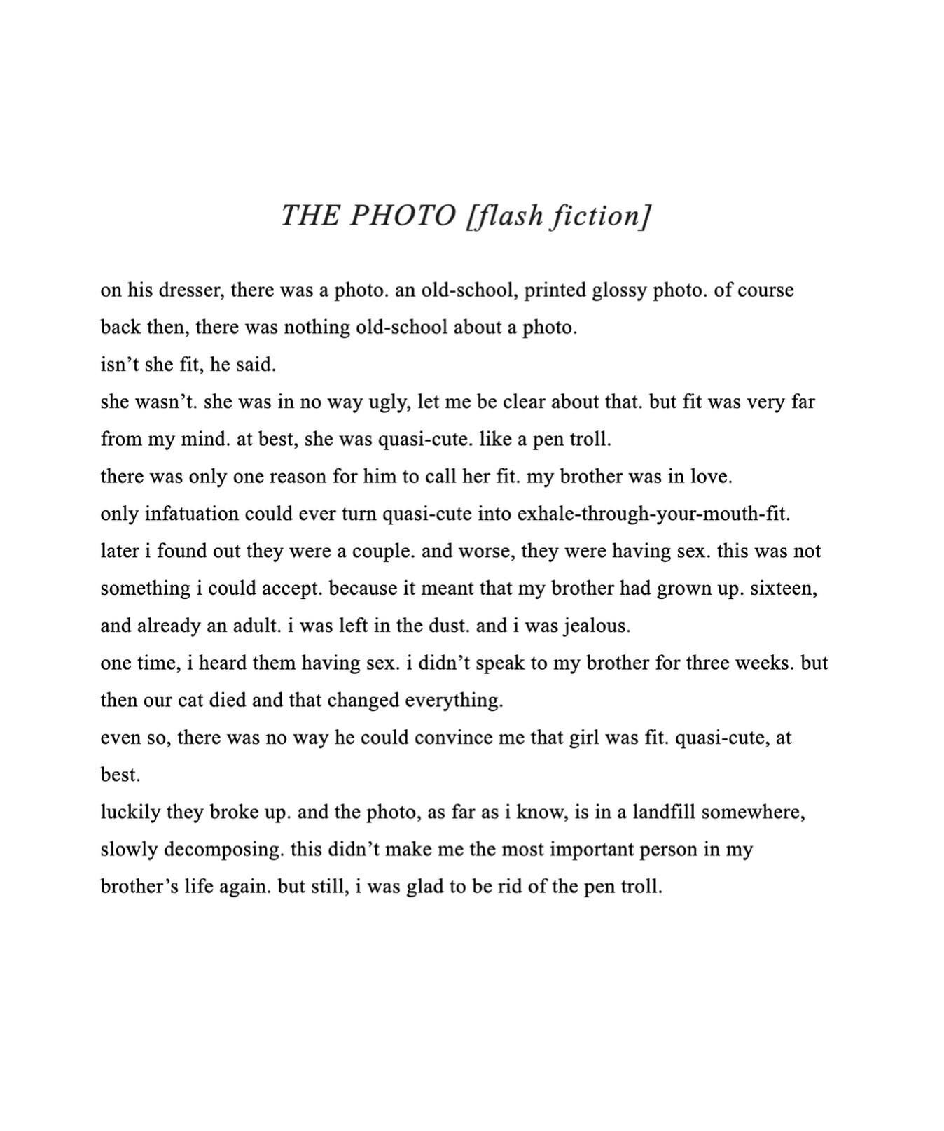 the other saturday, david sat me on the sofa with a glass of wine and a book and went to the kitchen to make lasagne but the lasagne took forever and i got bored so i wrote this tiny piece of flash fiction.