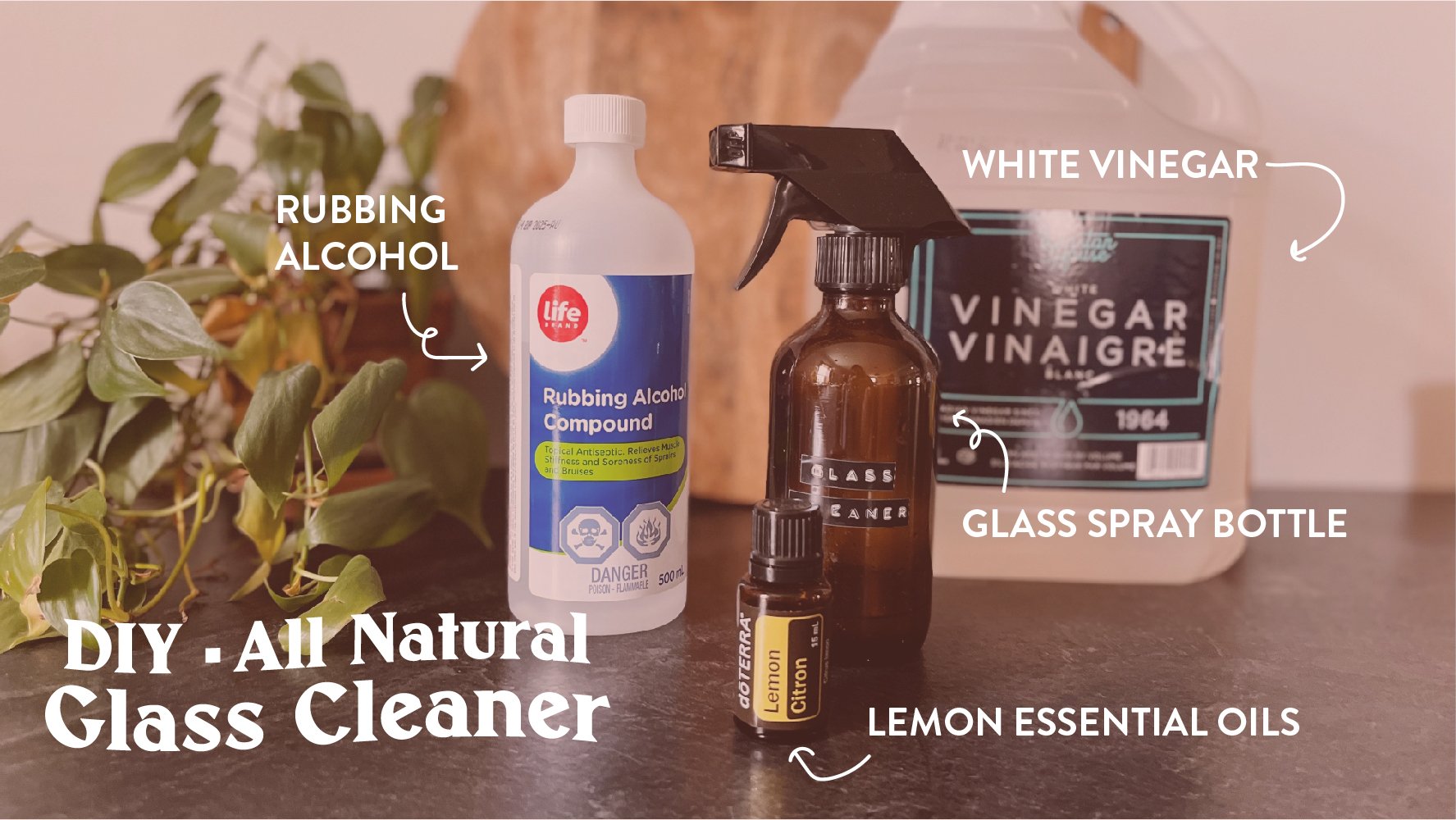 DIY, all natural Glass Cleaner ingredient include rubbing alcohol, white vinegar, glass spray bottle and lemon essential oils