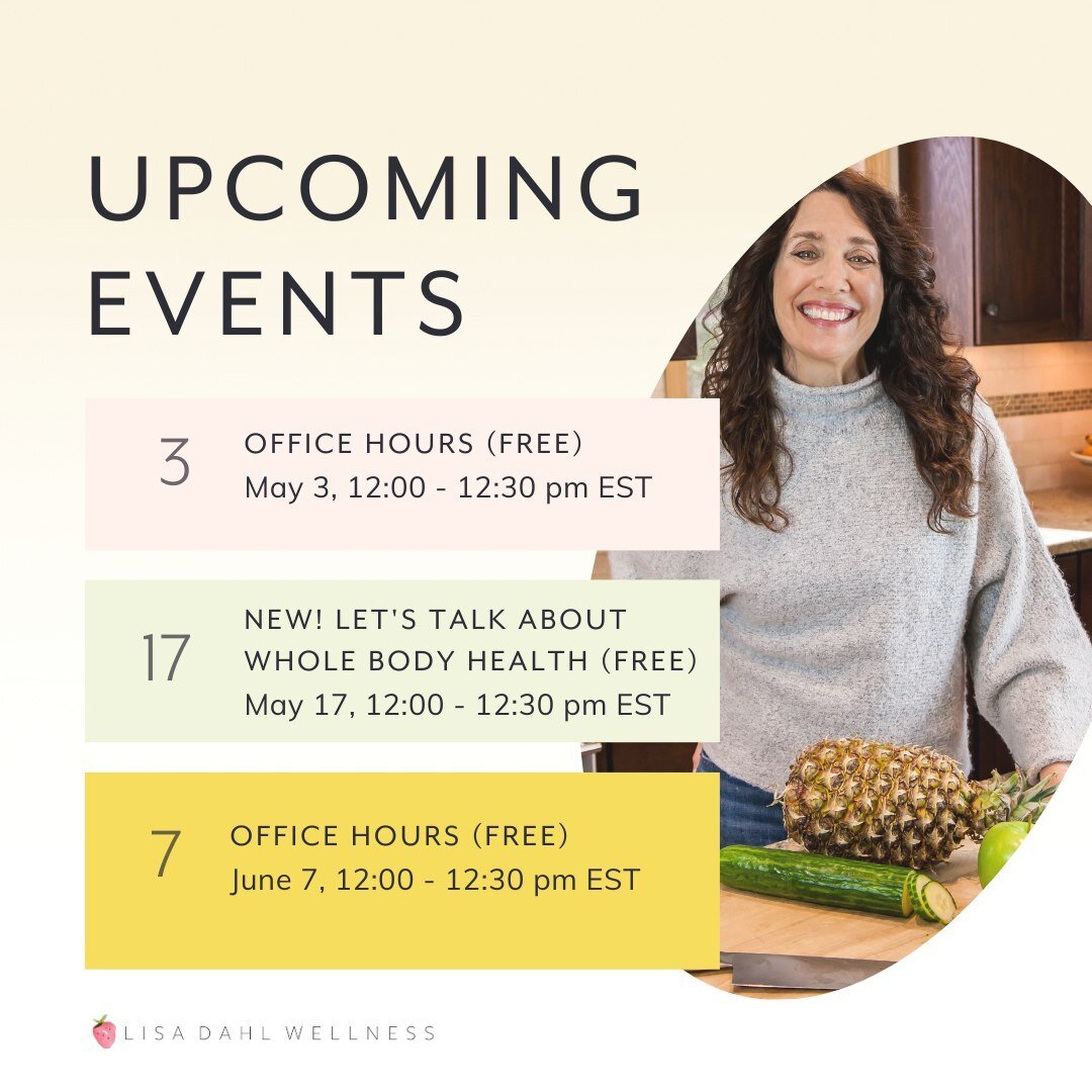 I love offering Free events! Check out below how to find ways to improve your health and wellness!

Free Office hours. Join the conversation, bring a friend, and build community together.

Click this link (https://us02web.zoom.us/j/4134274154) on Wed