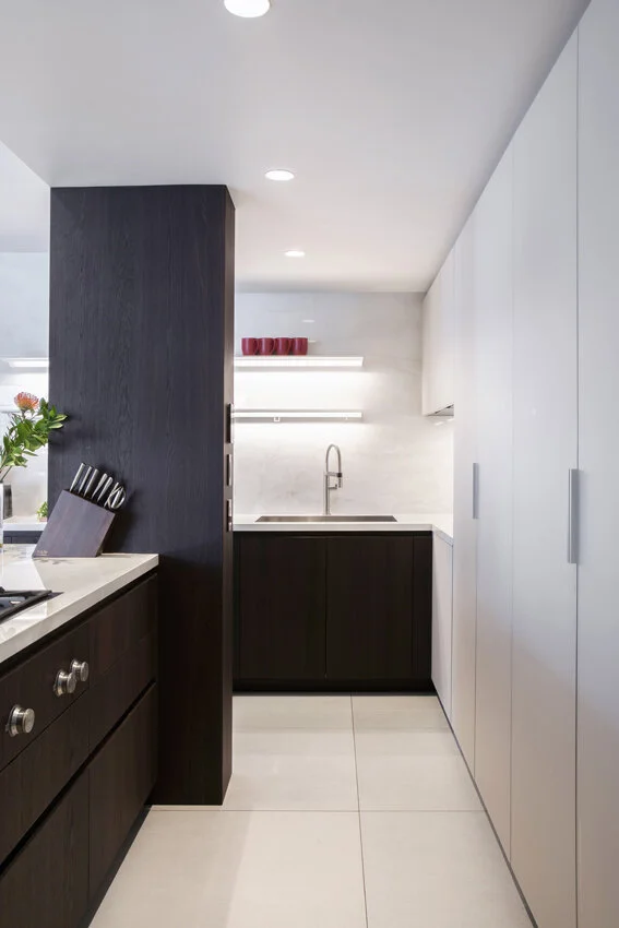 Wide kitchen view in Tribeca penthouse, designed by Gregory Hitchcock Design.