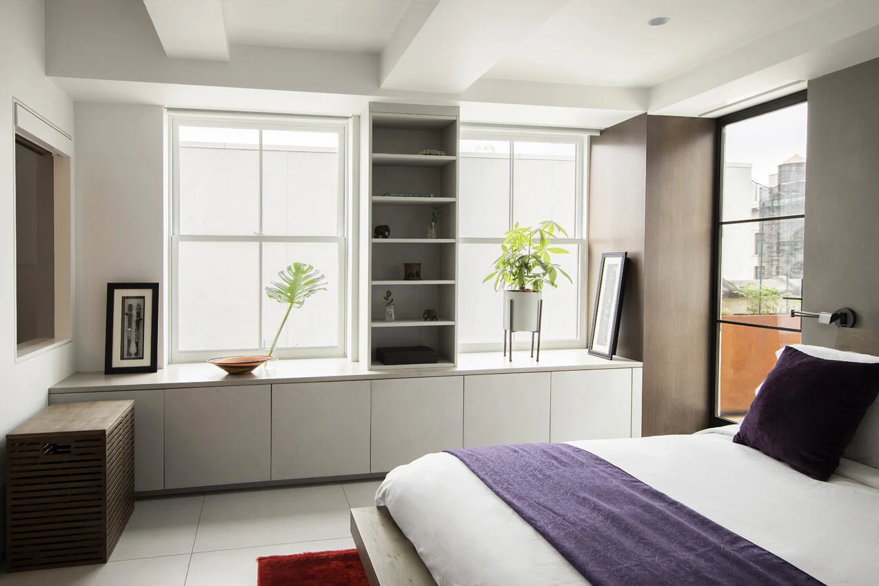 Bedroom wall in Tribeca penthouse, designed by Gregory Hitchcock Design.
