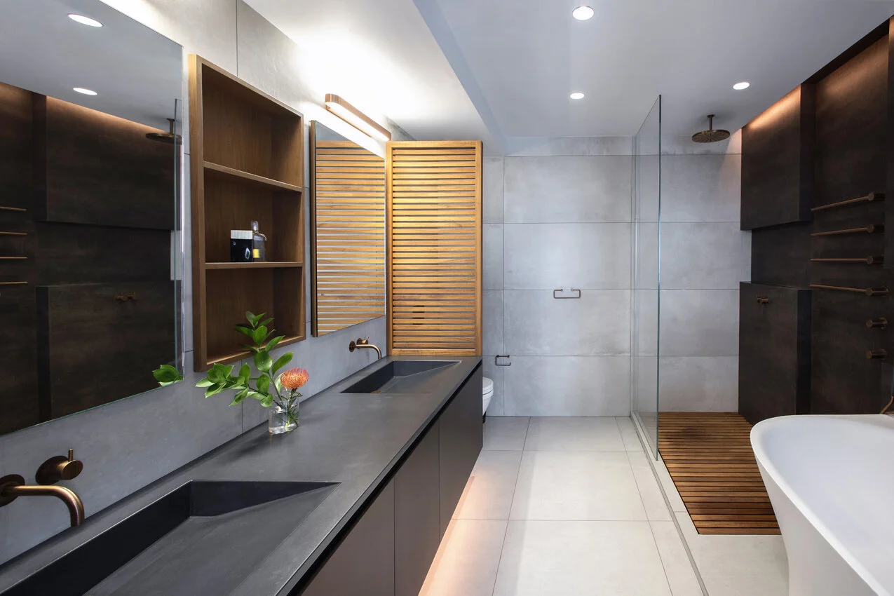 Bathroom vanity in Tribeca penthouse, designed by Gregory Hitchcock Design.