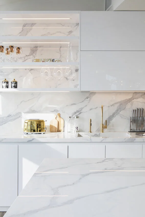 Kitchen wide shot in Chelsea NYC apartment, designed by Gregory Hitchcock Design.