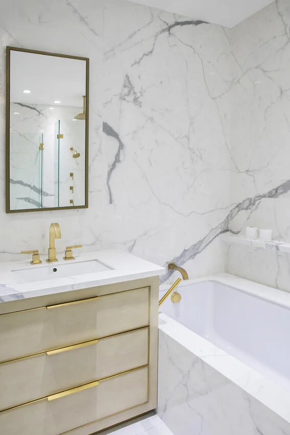 Bathroom detail in Chelsea NYC apartment, designed by Gregory Hitchcock Design.
