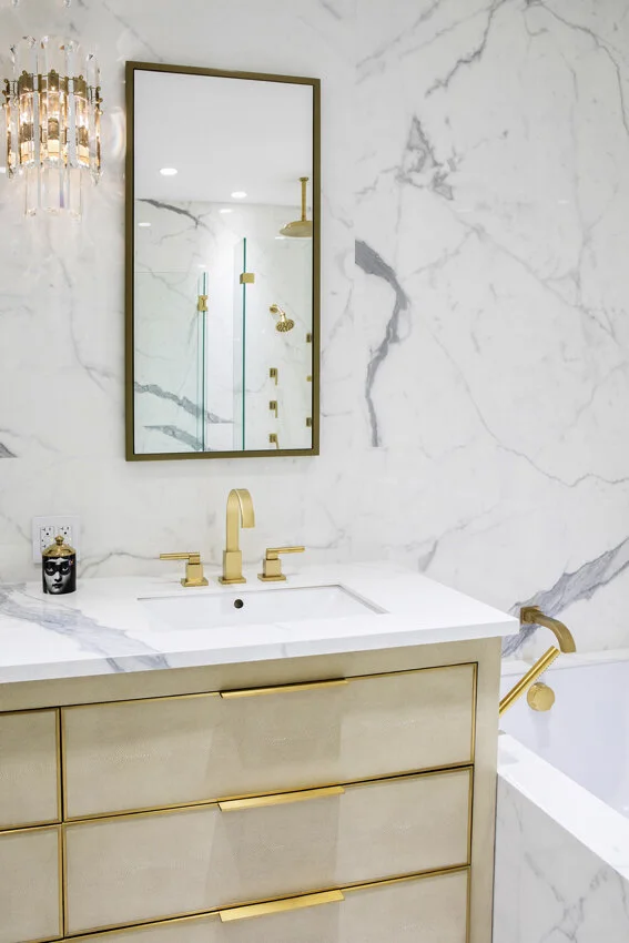 Bathroom wide view in Chelsea NYC apartment, designed by Gregory Hitchcock Design.