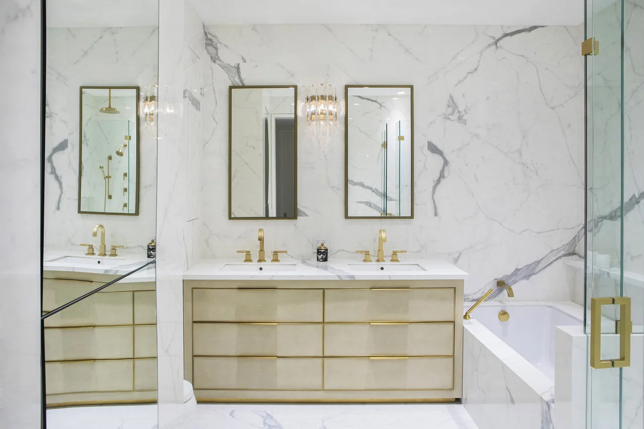 Bathroom vanity in Chelsea NYC apartment, designed by Gregory Hitchcock Design.