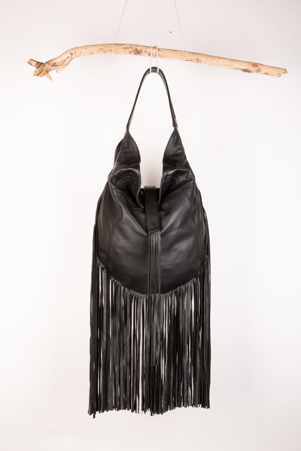 Handmade Delia Suede Leather Fringe Bucket Bag in Black by ABURY