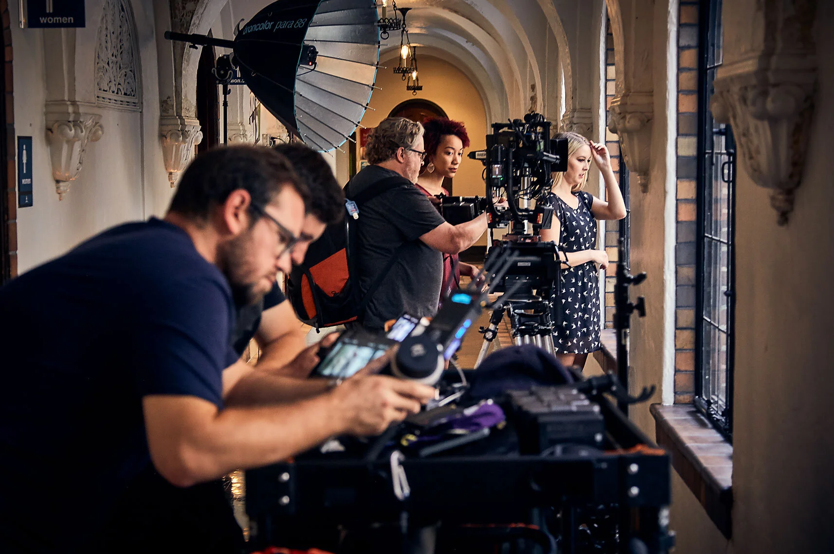 BTS image of talent and crew during the making of Church in a Bar. Directed by Teri Campbell.