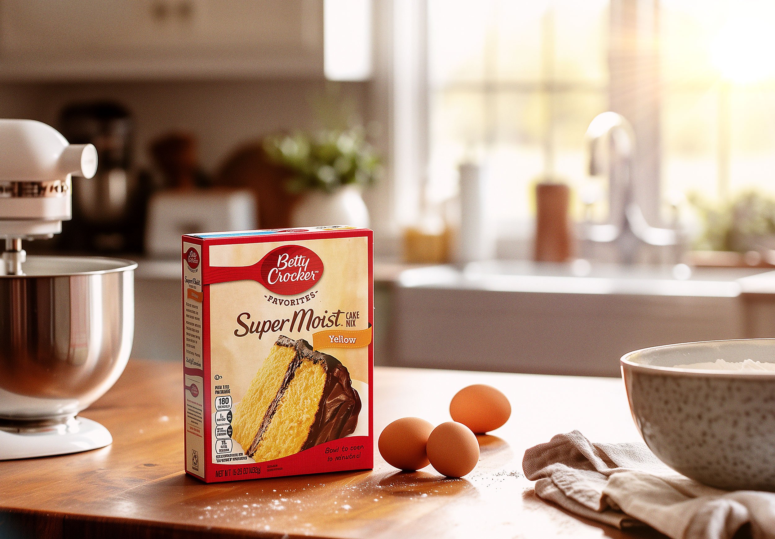 Betty Crocker Super Moist yellow cake mix box on a kitchen counter with eggs, a bowl with flour, a stand mixer, and sunlight through the window.
